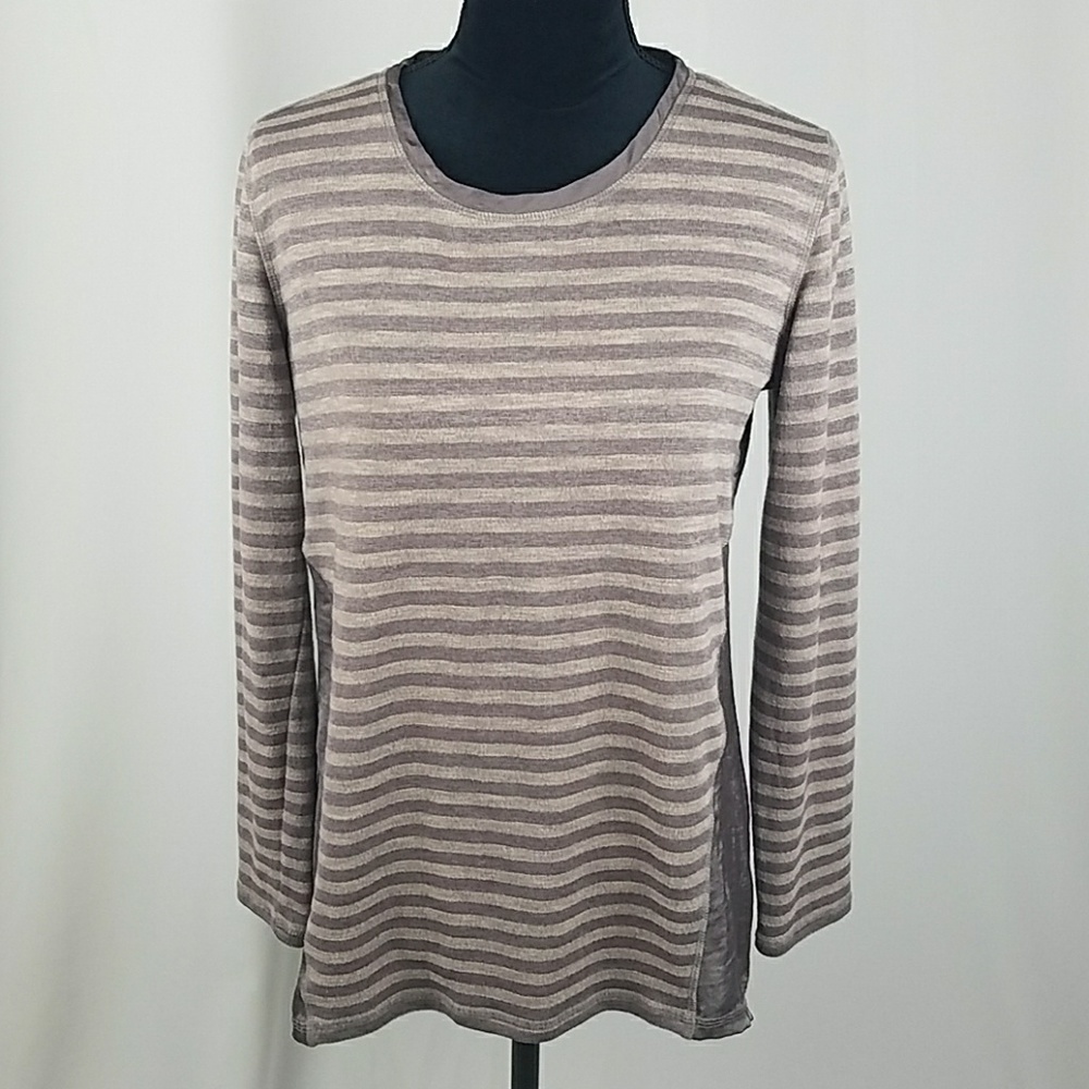LOGO by Lori Goldstein women XXS sweater knit stripe top side godets‎ scoop neck